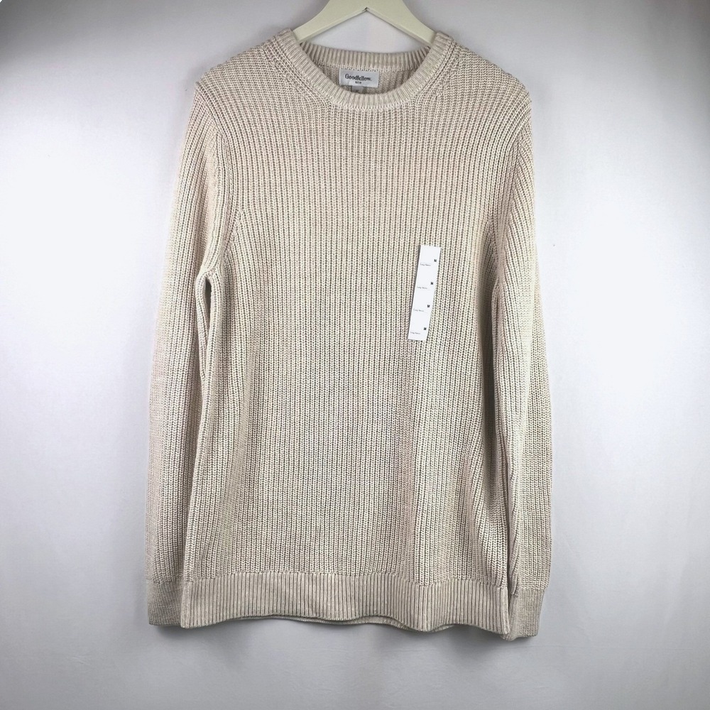 Goodfellow & Co Mens Textured Crew Sweater Cream Marl Ribbed Knit Medium NEW